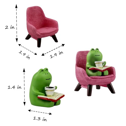 Miniature Frog Reading on Pink Sofa Resin Figurine Desk Decor