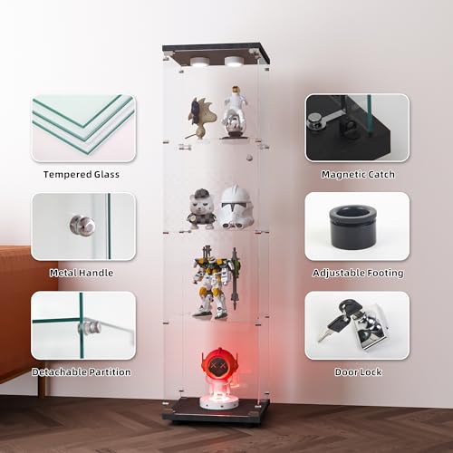 4-Tier Glass Display Cabinet with LED Lights and Tempered Glass Doors
