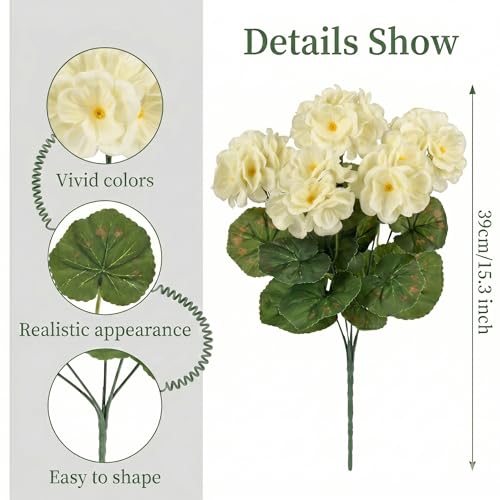 24Pcs White Geranium Artificial Flowers for Outdoor & Indoor Decor, 15.3" each, Phliofd