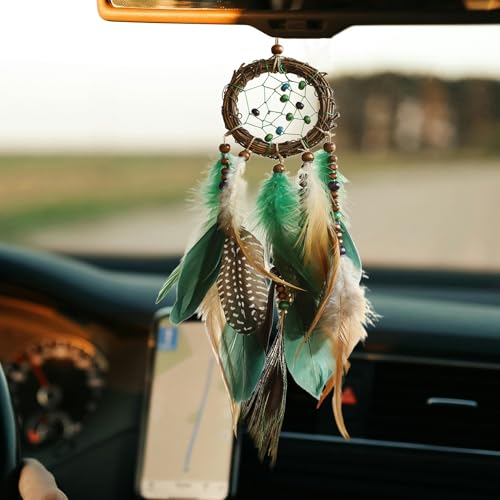 Mini Dream Catcher Car Rear View Mirror Ornament - Boho Feather Decor