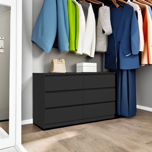 6-Drawer Double Dresser, Modern Black Storage Chest for Bedroom