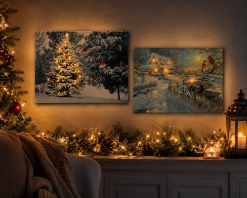 Lighted 2-Piece Christmas Wall Art Set – LED Cottage Village Prints, Snowman & Cardinals