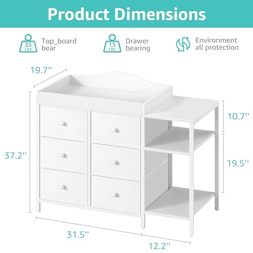 Baby Dresser with Changing Table Top, 6 Fabric Drawers & Nursery Shelf