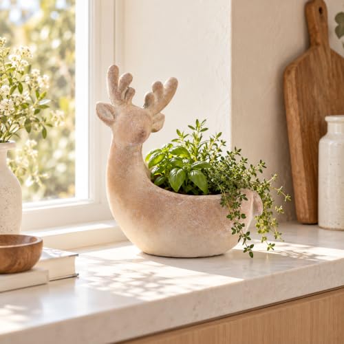 Beige Reindeer Decorative Bowl - Christmas Tabletop Centerpiece, 8.7" Cement Holiday Decor