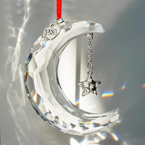 2026 Clear Crystal Moon Hanging Ornament Suncatcher – 3in x 6.4cm, H&D HYALINE & DORA, Includes Gift Box & Ribbon, Variation: Clear Moon Christmas