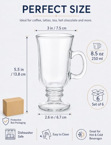 Set of 6 Irish Coffee Glass Mugs with Handle, 8.5 Oz Heat-Resistant Clear Glass