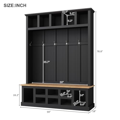 Farmhouse Hall Tree with Bench and Shoe Storage, 6-Hook Entryway Coat Rack