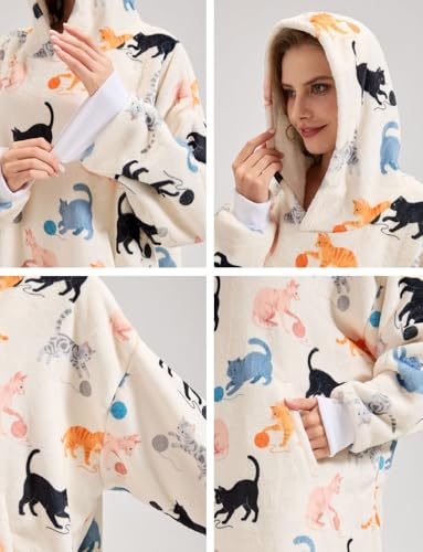 Huglanket Cat Lovers Hoodie Blanket – Cream Yarn Ball S, Oversized Flannel One Size