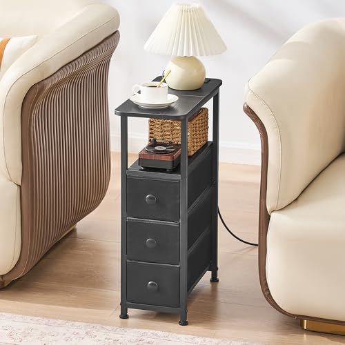 Narrow End Table with Charging Station, 2 Drawers and Smart LED Light