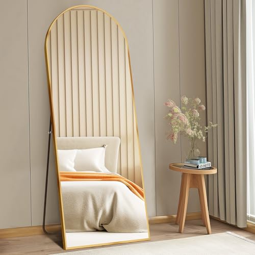 56" x 15" Arched Full Length Mirror, Gold Aluminum Frame Floor Standing Mirror