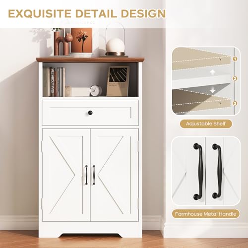 Farmhouse Floor Storage Cabinet with Barn Doors and Drawer, White