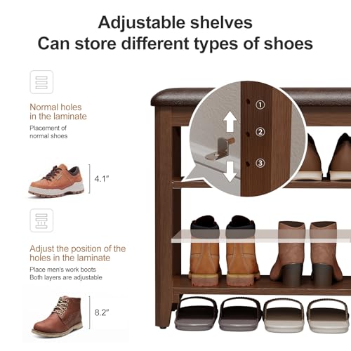 3-Tier Rubberwood Shoe Storage Bench with PU Leather Cushion