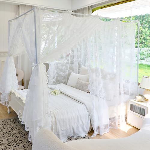 Elegant Lace 4-Poster Bed Canopy Mosquito Net - Queen Bedroom Drapes