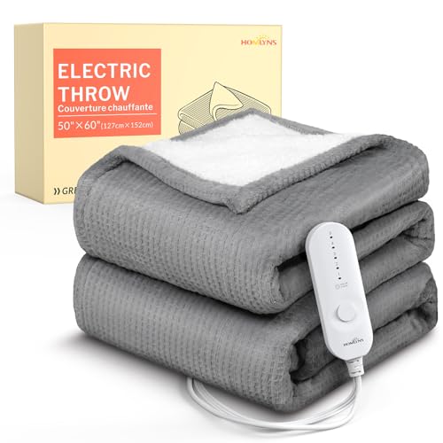 HOMLYNS Grey Heated Throw Blanket with 5 Heat Settings & 3-Hour Timer