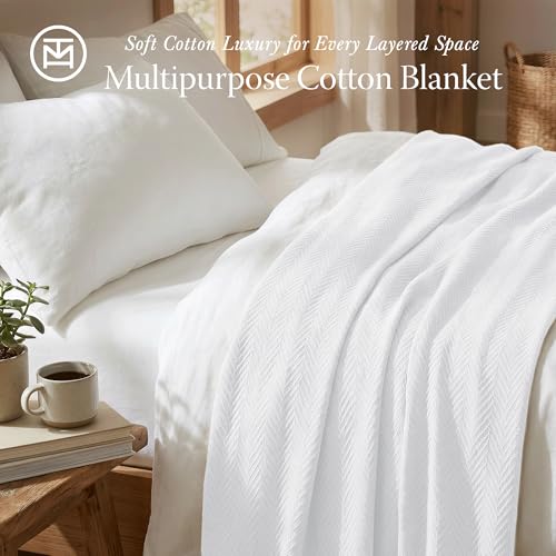 Threadmill 100% Cotton Queen Blanket - All-Season Herringbone Weave, White