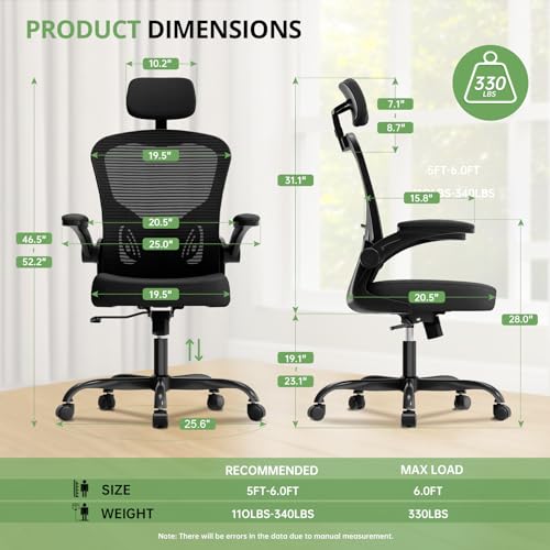 Ergonomic High Back Office Chair, 330lb Capacity Mesh Desk Chair with Headrest