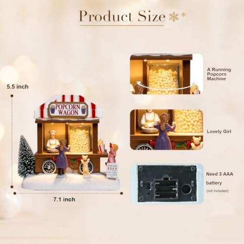 MUMTOP Christmas Village House with Animated Popcorn Wagon, Light & Music