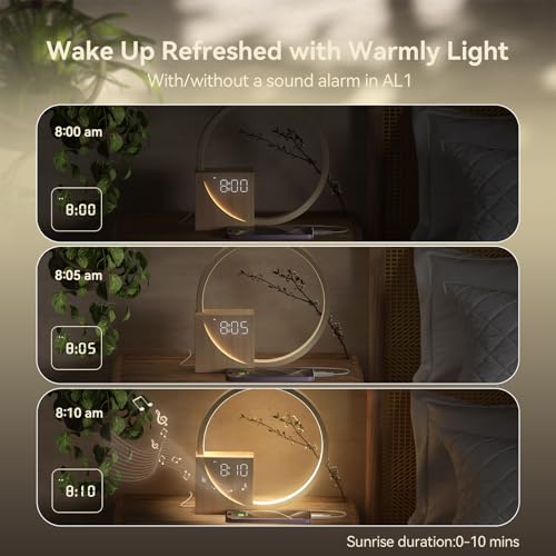 Vivilumens Sunrise Alarm Clock with Sound Machine - Wooden Grain, Dual Alarms, Gentle Wake-Up, USB Charging