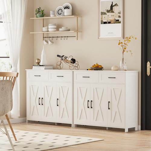 Farmhouse Coffee Bar Cabinet with Drawers and Adjustable Shelves, White