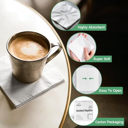 Kouorao White Disposable Cocktail Napkins 600 Count, 2-Ply 4.5x4.5 Inch Bulk for Weddings & Parties