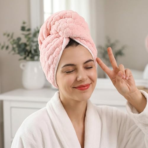 REDKISS 3-Pack Microfiber Hair Towels for Women - Extra Large 24x42 Inch Pink, Grey & Blue, Soft Fast-Dry Wraps with Elastic Band