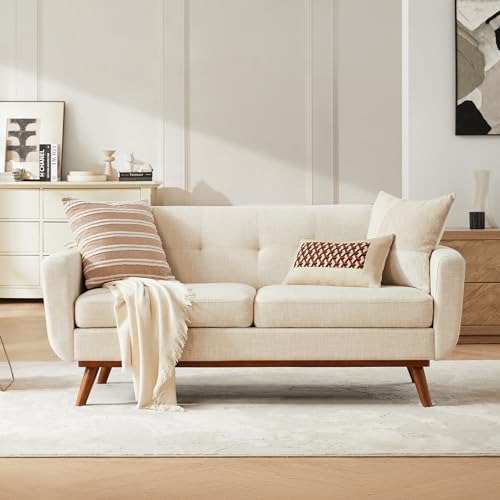 Mid-Century Modern Loveseat Sofa, 65-Inch Upholstered Small Couch, Beige