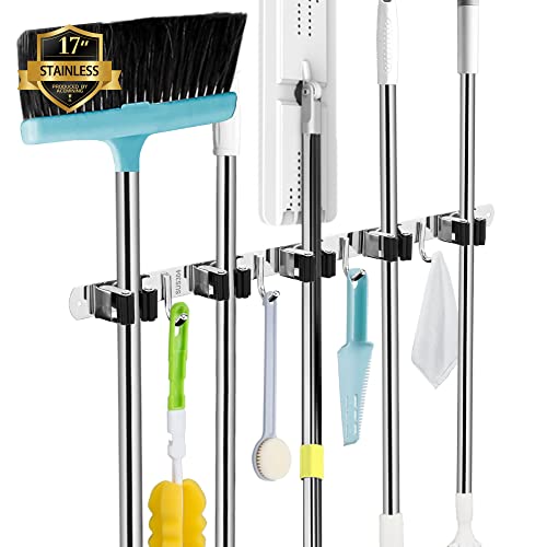 Stainless Steel Broom Holder Wall Mount with 5 Racks and 4 Hooks