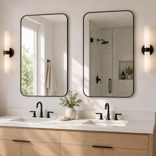 2-Pack 24x36 Inch Matte Black Rounded Rectangle Wall Mirrors, Iron Frame