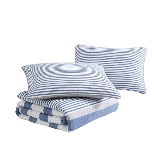 Reversible Twin Quilt Set in Fairwater Blue with Sham - 100% Cotton Bedding