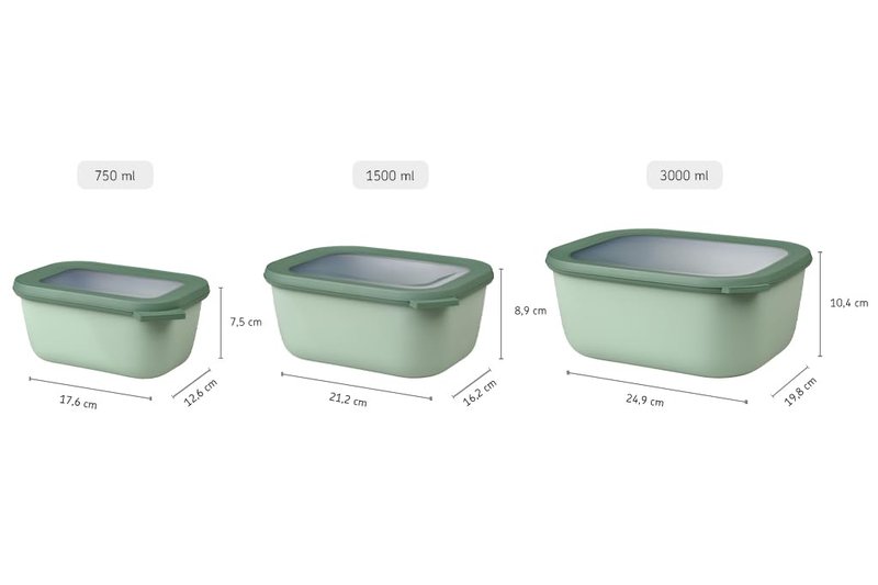 Mepal – Multi Bowl Cirqula 3-Piece Set – Food Storage Container with Lid - Suitable as Airtight Storage Box for Fridge & Freezer, Microwave Container & Servable Dish - 750, 1500, 3000ml - Nordic sage