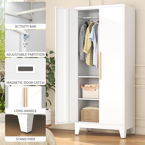 72-inch Tall Metal Wardrobe Closet with Adjustable Shelves and Hanging Rod
