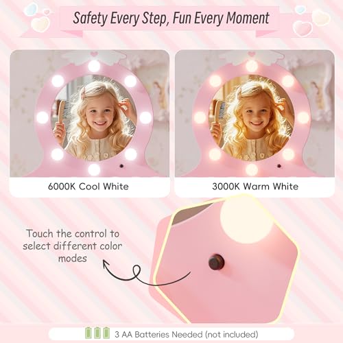 Kids Vanity Set with Lighted Mirror and Stool, Pink Princess Makeup Table