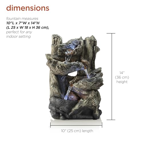 14-Inch Tiered Log Tabletop Water Fountain with LED Lights for Home & Office