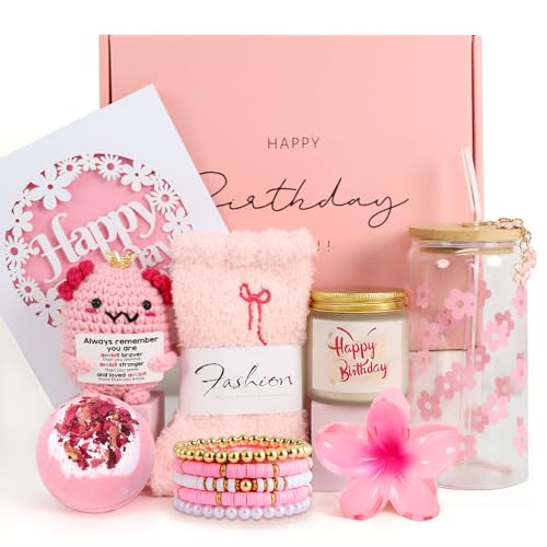 Pink Birthday Gift Basket for Teen Girls and Women - 9pcs Cute Axolotl Set