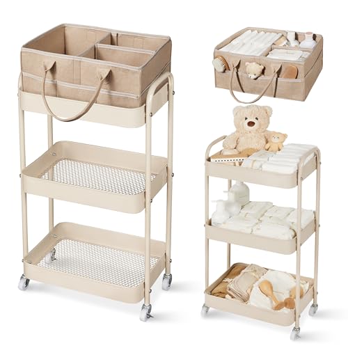 3-Tier Baby Diaper Caddy Rolling Cart with Removable Dividers, Taupe