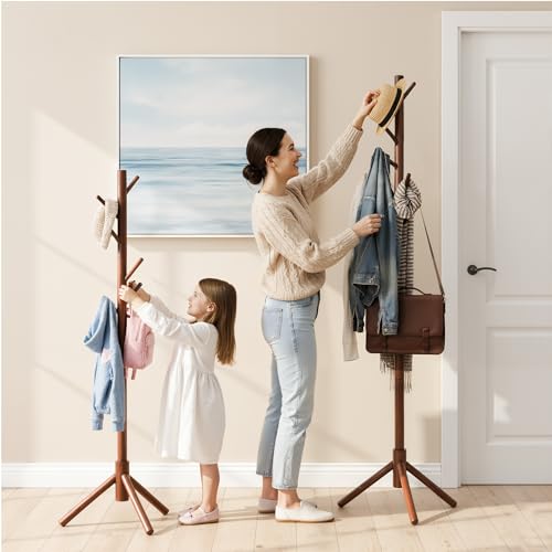 Freestanding Wooden Coat Rack Stand with 8 Hooks, 3 Adjustable Heights