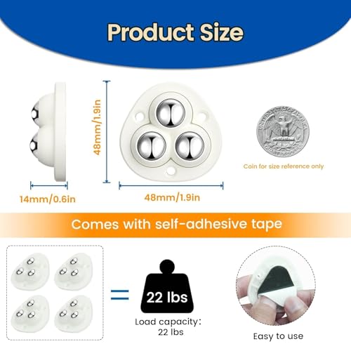 Self-Adhesive Mini Caster Wheels for Kitchen Appliances (8 Pack, White)