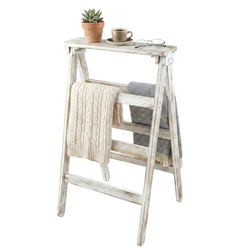 Freestanding A-Frame Blanket Ladder, White Washed Wood Textile Holder