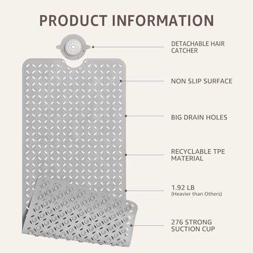 Extra Long Non-Slip Bathtub Mat with Hair Catcher, 39 x 17 Inch Grey