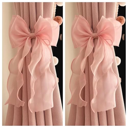 2 Pack French Silky Bow Curtain Tiebacks - Elegant Lace Ribbon for Drapes