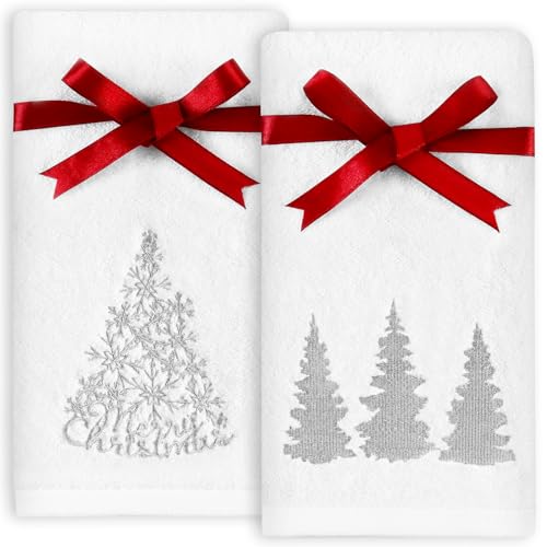 Quera 2-Pack Christmas Hand Towels 14x30" Embroidered Winter Woodland Trees