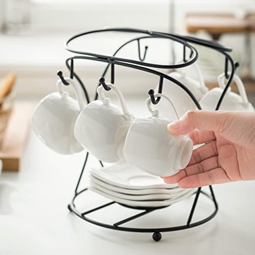LYEOBOH White Espresso Cups with Saucers Set, Metal Stand & Spoons - A-White