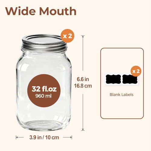32 oz Wide Mouth Mason Jars with Lids (2 Pack) - 1 Quart Glass Canning Jars