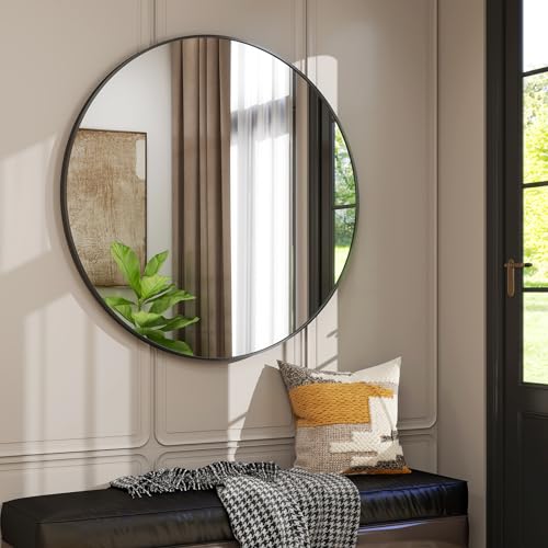 42-Inch Round Bathroom Mirror, Black Metal Wall-Mounted Circle Mirror