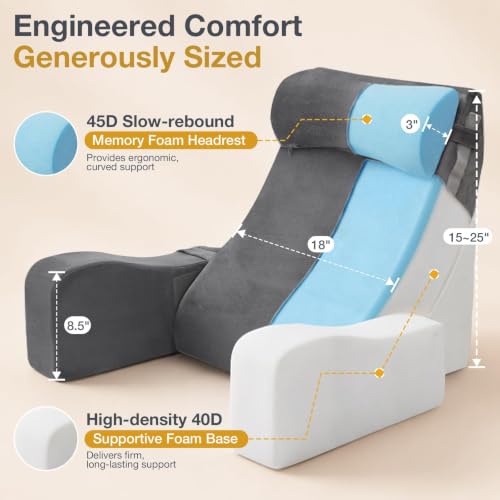 Adjustable 15-25 Inch Reading Pillow with Armrests - Dark Grey