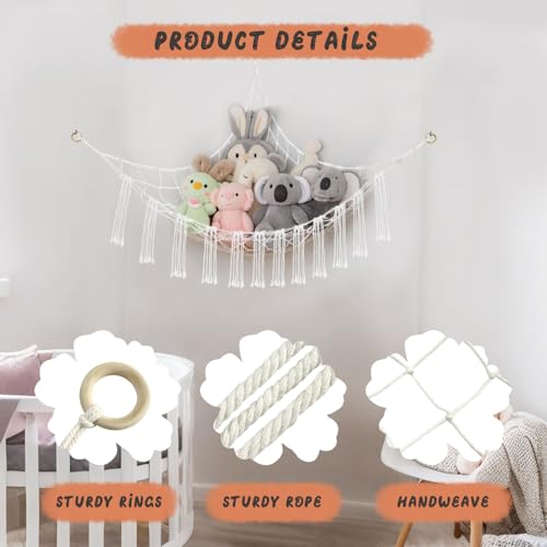 Large Cotton Stuffed Animal Hammock Corner Net - 59x47 Inch Plushie Organizer