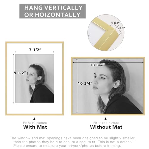 11x14 Gold Aluminum Picture Frame with Real Glass & Removable 8x10 Mat