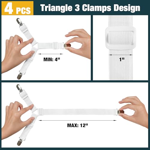 Bed Sheet Fasteners - 4 Pack Adjustable Elastic Straps with Metal Clips