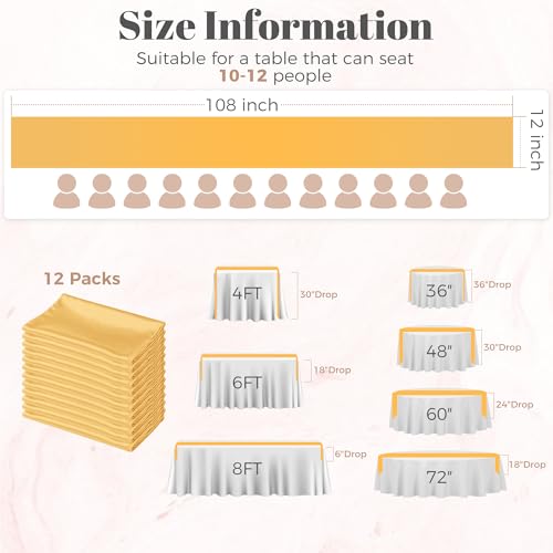 4-Pack Gold Satin Table Runners 12x108 Inch Reusable Wedding Table Decor