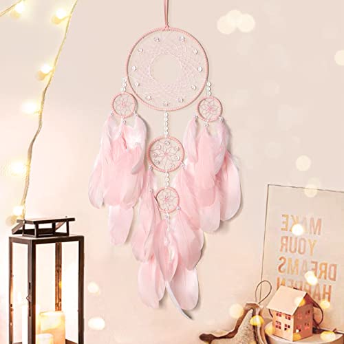 Pink Handmade Dream Catcher Wall Hanging Decor - 23-inch Feather Ornament